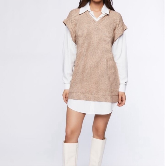 Forever 21 Dresses & Skirts - Forever 21 Brown Ribbed Knit Sweater with White Collar